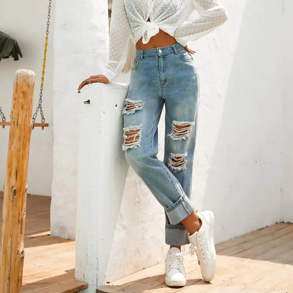 

Blue Jeans Women Streetwear Ripped Jeans Pants Trousers