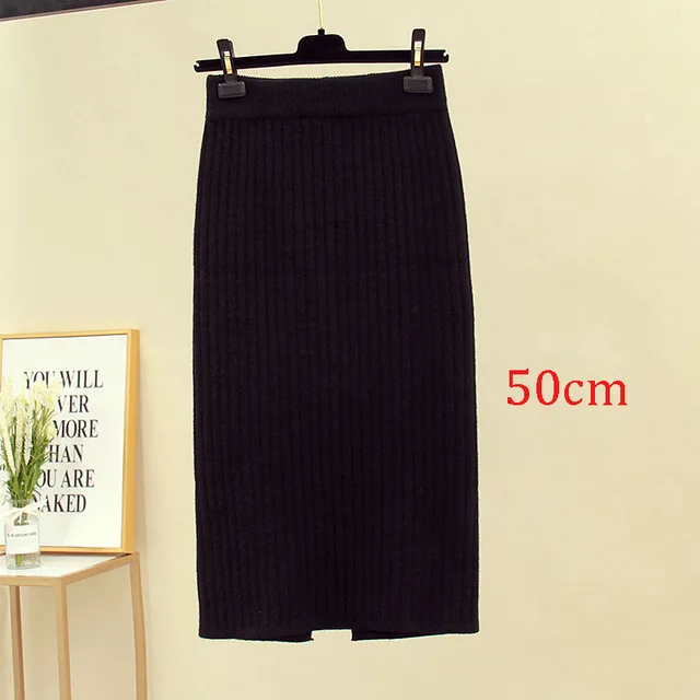 black 50cm Женская облегающая элегантная юбка-карандаш миди с разрезом сзади на осень и зиму, повседневная трикотажная юбка с высокой талией, женские юбки s Jupe Femme Faldas - Цвет: black 50cm