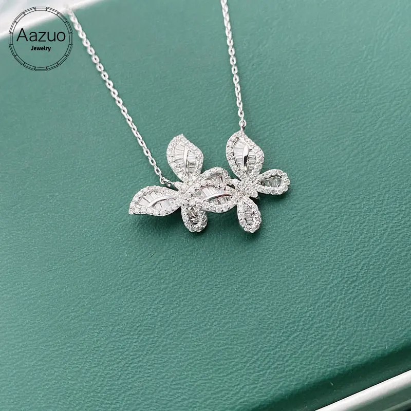 Aazuo 18K Orignal White Gold Real Diamonds 0.75ct Double butterfly Necklace gifted for Women Senior Banquet Wedding Party Au750