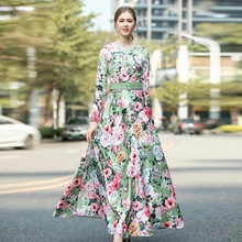 Высокое качество новейшее подиумное Платье женское с длинным рукавом великолепное длинное платье макси с цветочным принтом