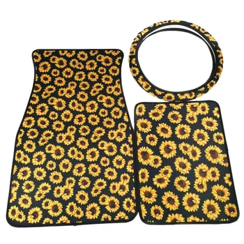 

NEW-Car Neoprene Sunflower Automotive Steering Wheel Cover with Car Front Rear Floor Foot Mats Fits for Most Cars