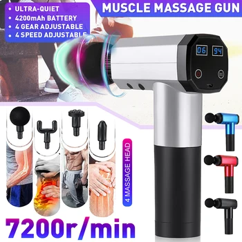 

7200r/min Fascia Guns w/ 4 Head Mute Touch Screen Button Massage Therapy Electric Warp Film Impact Deep Relax Vibration Massager