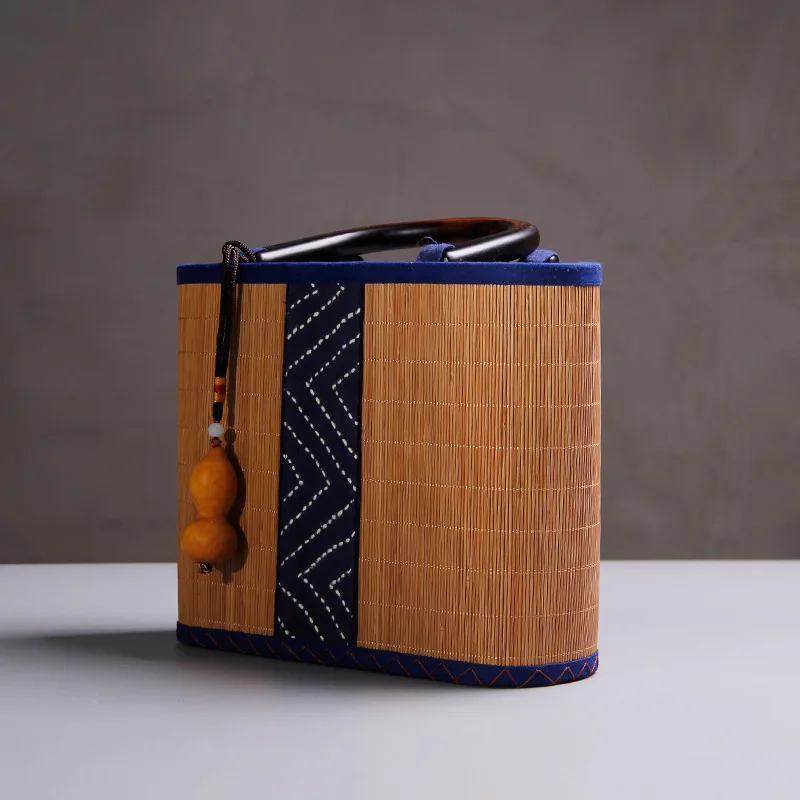 

Support Simple Fashion Retro Wooden Handle Bamboo WOMEN'S Bag Hand-woven Bamboo Fabric Women's Handbag
