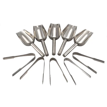 

5 x 5oz Sweet Scoops & 5 x 5" Ice Tongs Wedding Candy Buffet Bar Stainless Set Silver