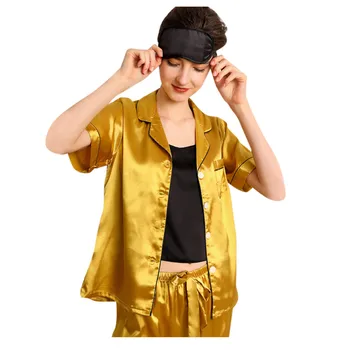 

2 Piece Summer Women Sleepwear Faux Silk Satin Pajamas Set Short Sleeve Sleepwear Pajamas Suit Female Homewear Nightwear L0403