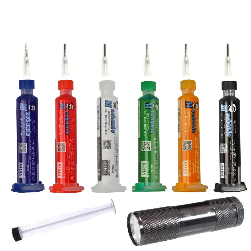 6pcs/lot MECHANIC 6 Color UV Curable Solder + Needles+UV lamp Mask 10CC