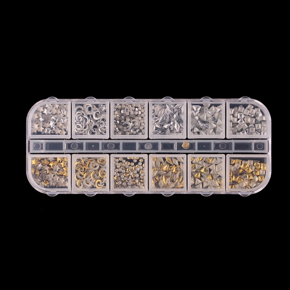 1 Boxed 12 Grids Rose Gold 3D Alloy Metal Nail Rivets Charms Nail Studs Nail Ornament Heart Star Moon Cross Nail Art Decorations 6