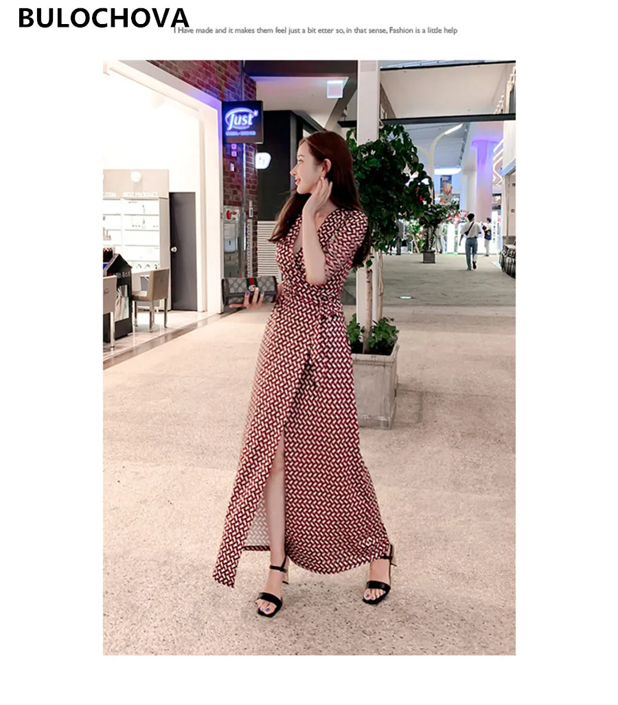 

Fashion Elegant Women Runway Belt Long Dresses 2019 Newest Design Ladies Half Sleeve Deep V Neck Print Split Long Dress Vestidos