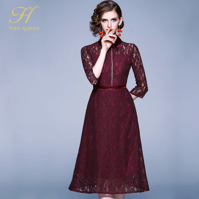 Red wine H Han queen, Новое поступление, Vestidos, подиумное кружевное платье, модное, винтажное, цветочное, открытое, роскошное, элегантное, женское, вечернее платье - Цвет: Red wine