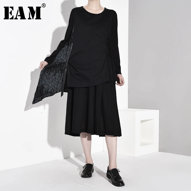 

[EAM] Women Pleated Asymmetrical Two Pieces Dress New Round Neck Long Sleeve Loose Fit Fashion Tide Spring Autumn 2019 1B2510