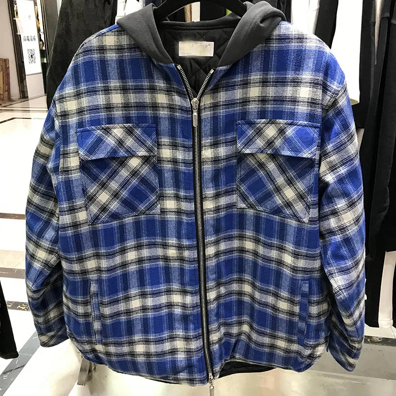 Высокое качество RHUDE куртки для мужчин и женщин синее пальто в клетку на молнии