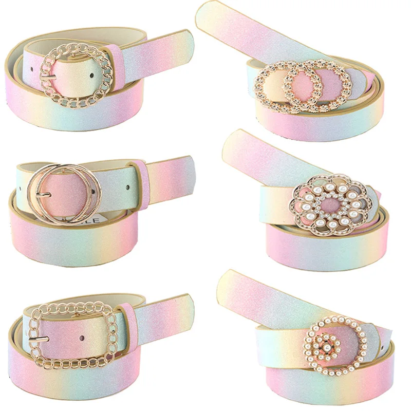 

Rainbow Gold Powder Leather Women Belts Rhinestone Gold Double Circle Buckle Belt Casual Ladies Waist Strap Female Waistband
