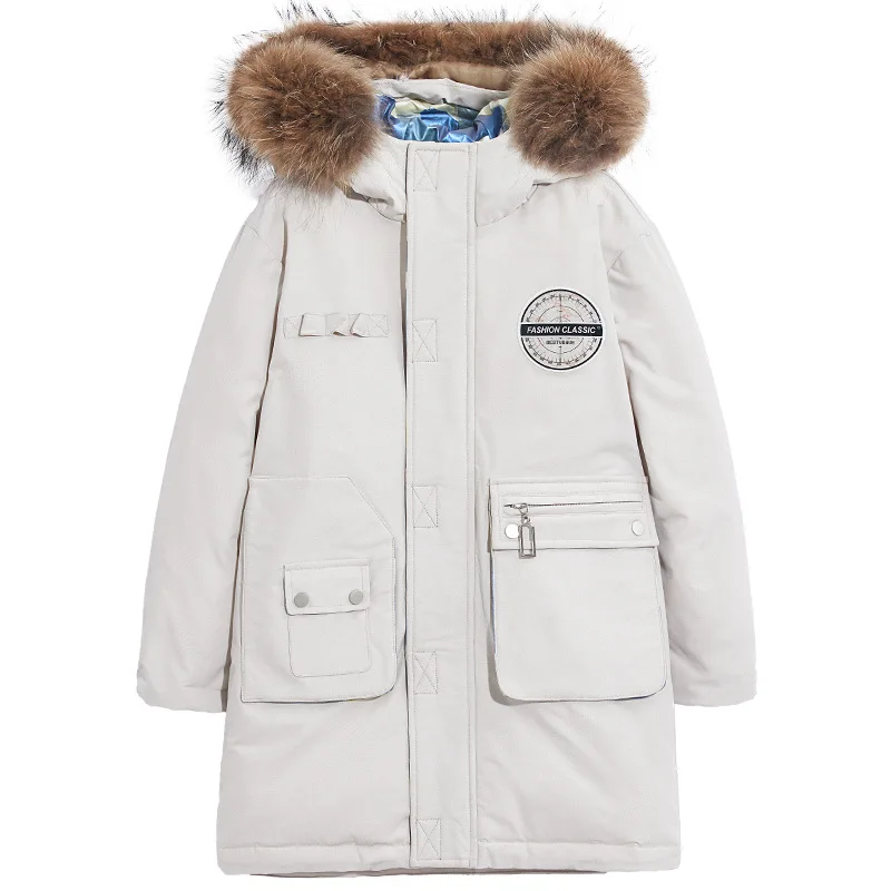 

-30Degrees Winter thick down coat Boy's warm overalls Natural raccoon fur collar solid color down jacket Boys hooded winter coat