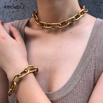 

IngeSight.Z Punk Hip Hop Curb Cuban Choker Necklace Vintage Chunky Thick Chain Charm Necklace Bracelet Set Men Women Jewelry