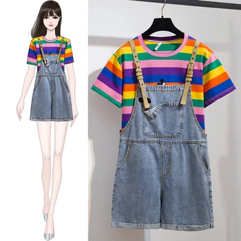 

Rainbow Striped Suits Summer Short Sleeve T-Shirt Strap Loose Shorts Cute Sweet Girl Two Piece Sets