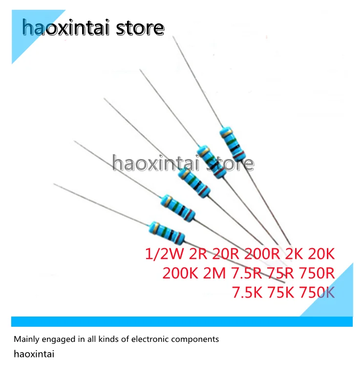 

500PCS 1/2W carbon film precision four-color ring resistance 2R 20R 200R 2K 20K 200K 2M 7.5R 75R 750R 7.5K 75K 750K precision 5%