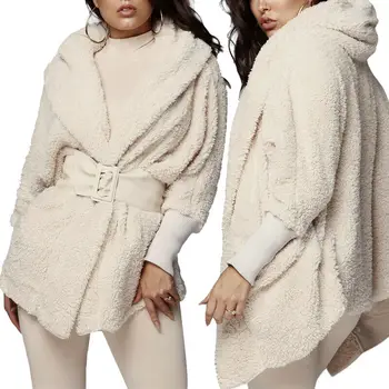 

Fashion Women Cardigan Sweater Plush Hooded Coat + Shorts Set Sleepwear 2PCS
