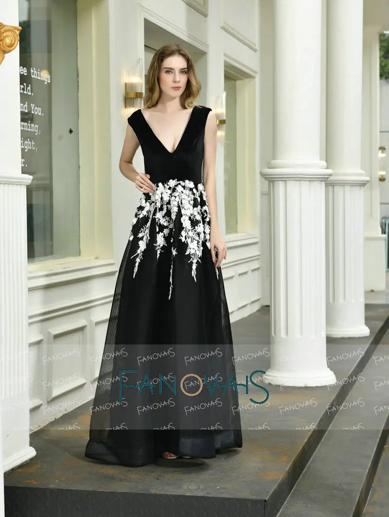 Элегантное вечернее платье с узором, длинное платье для девочек, vestidos de fiesta, de noche Черные футболки с v-образным вырезом торжественное платье; robe de soiree ТРАПЕЦИЕВИДНОЕ вечернее платье
