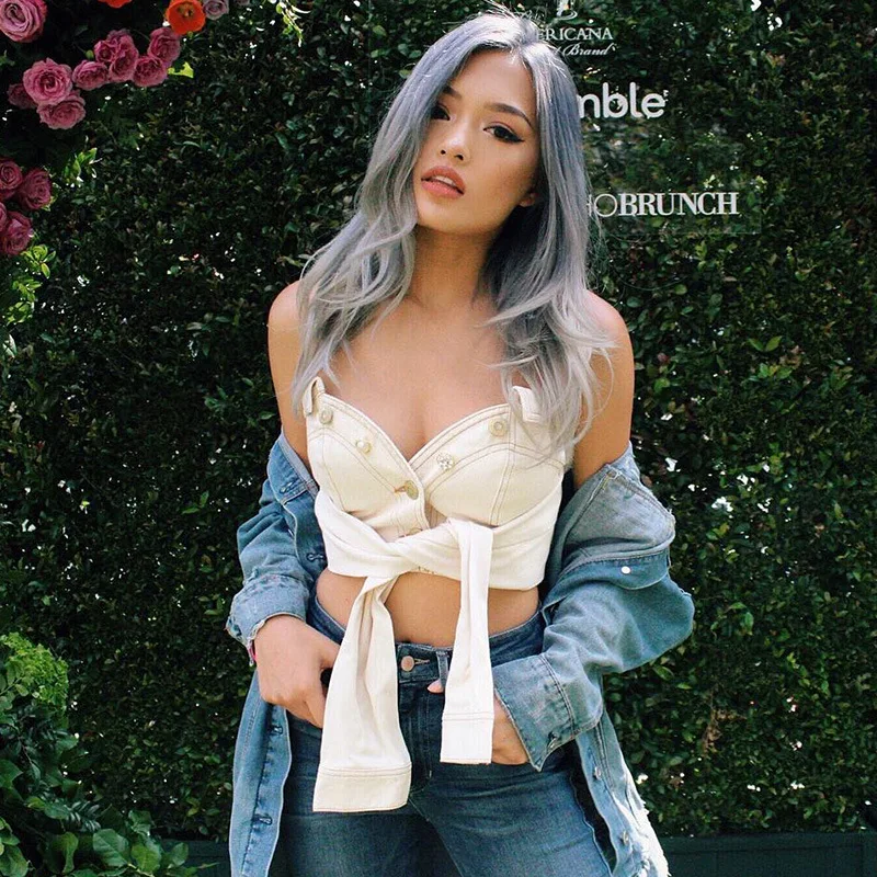 

Summer Fashion Exposed Navel T-shirt For Women Explosion Personality Cardigan Button Decoration Bottoming Denim Sexy Top Shirt