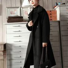 Шерстяное пальто для женщин, стиль, на шнуровке, плотное, сохраняющее тепло, тканевое пальто, свободное, с длинным рукавом, Женское пальто, зима