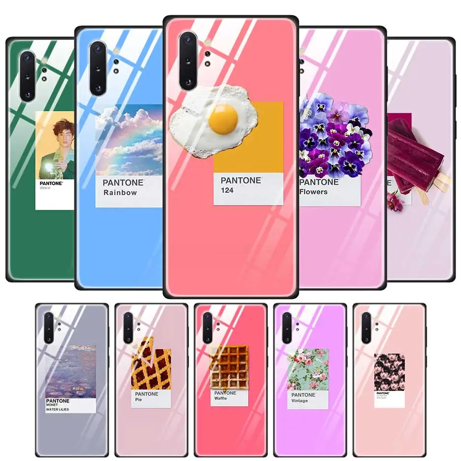 

Tempered Glass Phone Case for Samaung Galaxy S10 S10E S9 S8 Note 9 10 105G Plus A50 A30 TPU Soft Edge Case Pantone Candy Color