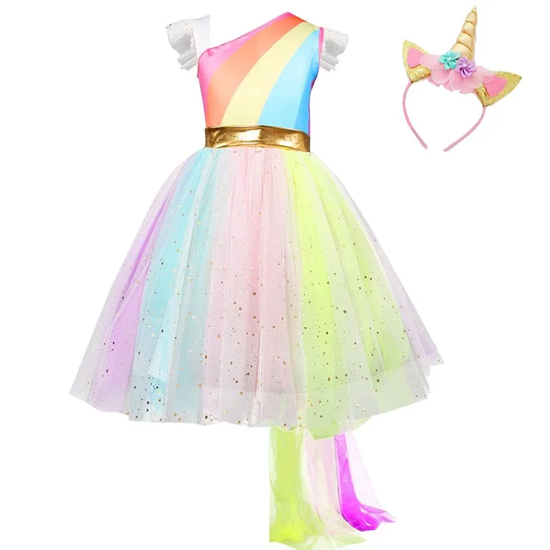 Для маленьких девочек Единорог Платье на день рождения для детей и рукавами-крылышками для девочек, радужная фатиновая нарядное платье-пачка для девочек детей Костюмы костюм принцессы