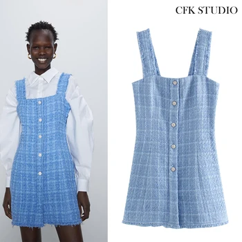 

Za Women Minidress with Plaid Printed Button England Blogger Vintage Tweed Dress Femme Summer Blue Elegant Slip Dress