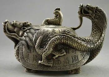 

Crafts statue Collectible Decorated Old Handwork Tibet Silver Carved Dragon Tortoise Tea Pot
