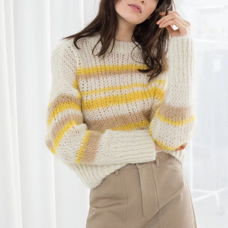 

Yellow Women's Striped Sweater Sweet and Simple Fresh Mohair O-neck Long Sleeve Pullover Knitted Sweater female clothes
