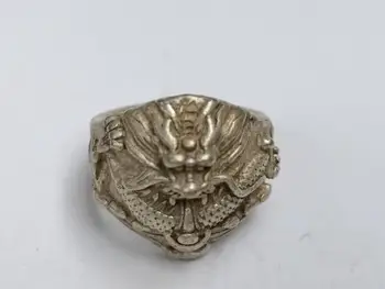 

YIZHU CULTUER ART Collection Old China Tibet Silver Handmade Sculpture Dragon Ring Ornament Gift
