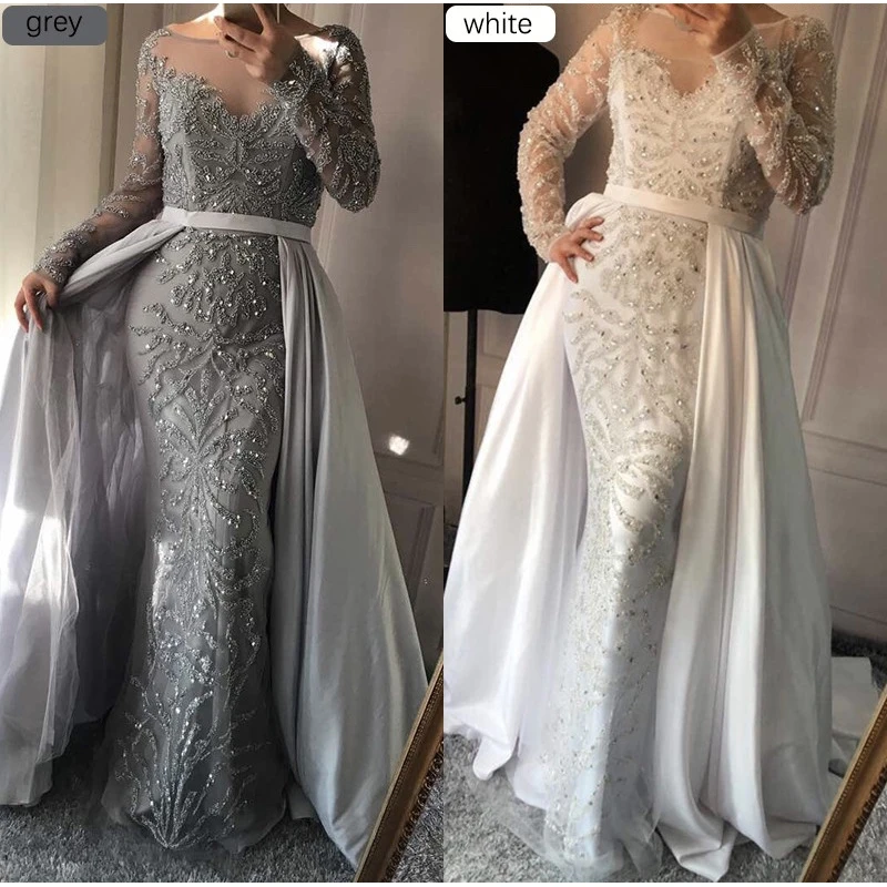 Серое роскошное серое вечернее платье русалки со шлейфом и длинными ...