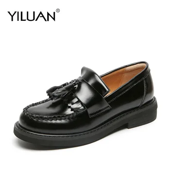 

Yiluan Penny Loafers Women Fringe Single shoes Woman Moccasin Leather Slip On Round Toe Flats Plus Size Shoes Handmade 40 size