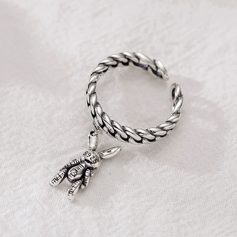 

925 Sterling Silver Cute Rabbit Pendant Ring Vintage Silver Ring Adjustable Rough Side Chain Hang Hare Minimalist Gift For Her