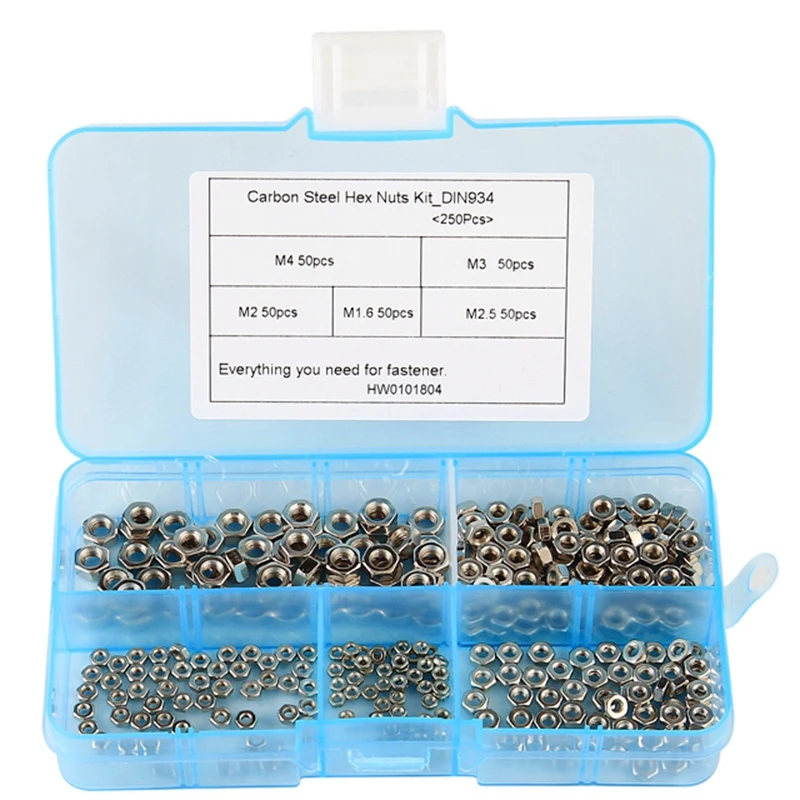 1X 250 Pcs//Set M1.6 M2 M2.5 M3 M4 Carbon Steel Hex Nut Assortment Kit Hexago W2E