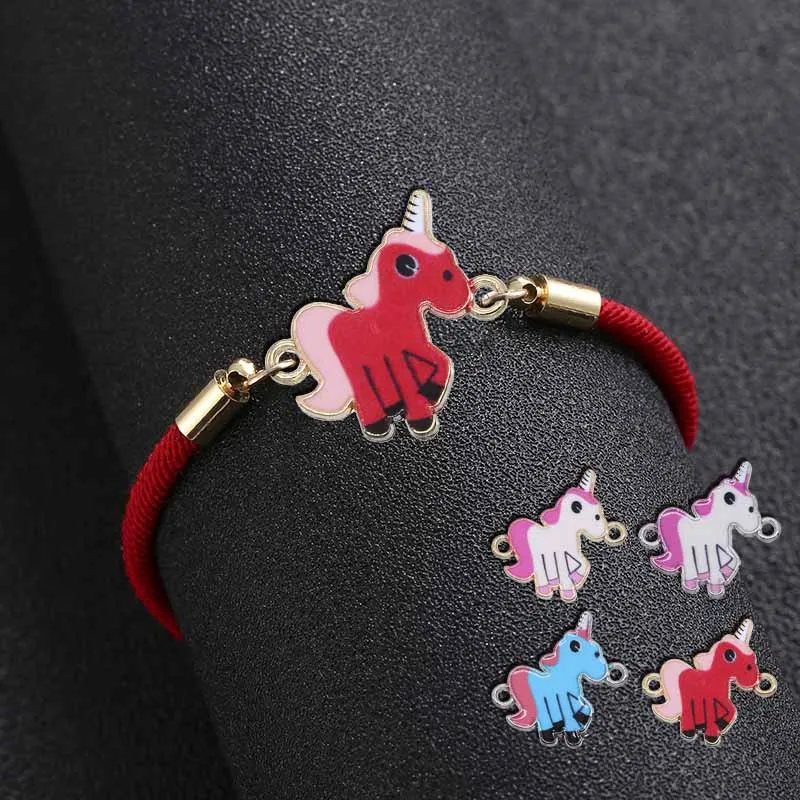 Женский браслет с эмалью амулет в виде единорога регулируемый плетеный на
