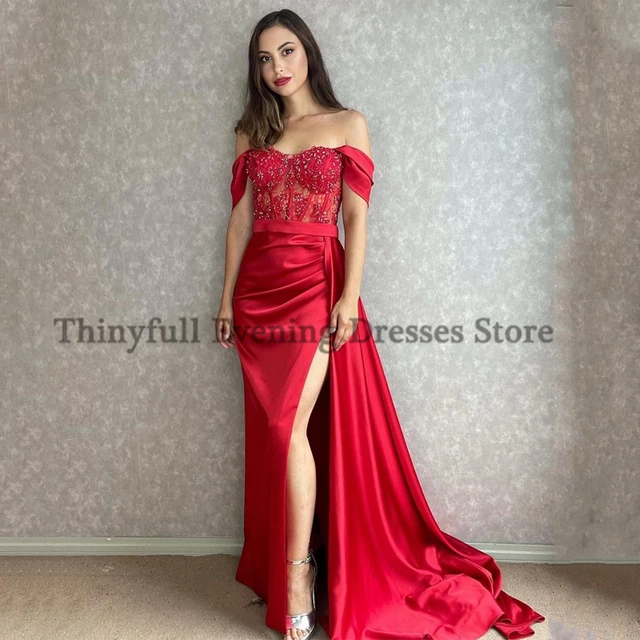Thinyfull Sexy Prom Evening Dresses Off Shoulder Appliques Party Dress High Split Floor Length Cocktail Gowns Saudi Arabia Dubai Red