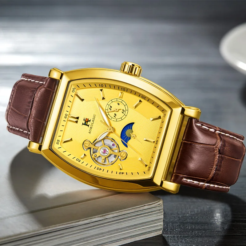 AOKULASIC для мужчин s Новая мода кожаный ремешок Малый 24 часа дисплей Tonneau Moonphase Tourbillon автоматические часы для мужчин спортивные часы
