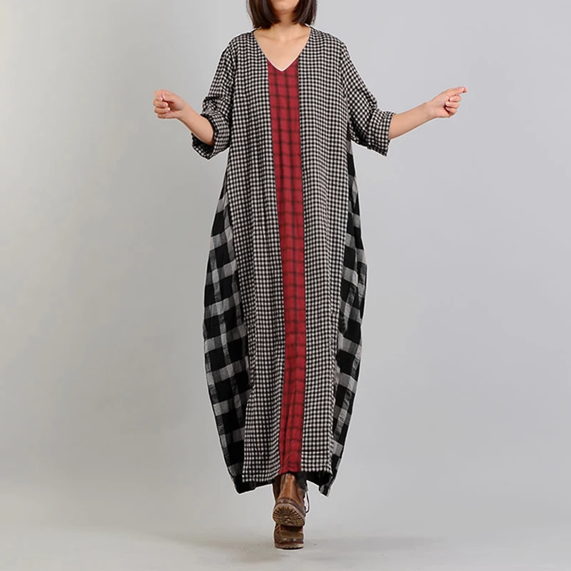 ZANZEA женское клетчатое длинное платье макси весеннее винтажное с v-образным
