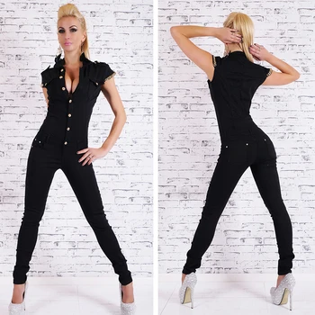 

GAOKE Hot Sale Denim Long Jumpsuit Womens Sexy Deep V Neck Jean Jumpsuits Buttons Chain Black Overalls For Women Rompers