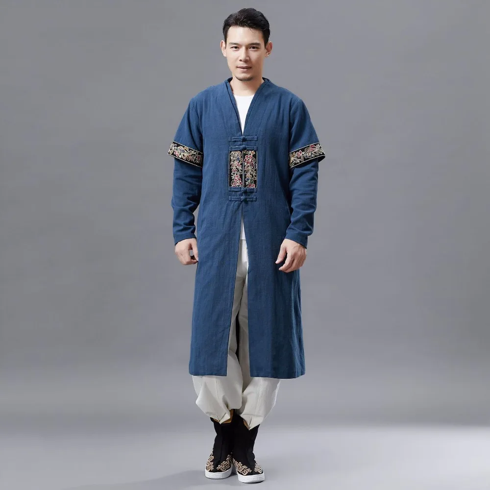 LZJN 2019 Men Autumn Trench Coat Cotton Linen Longline Long Sleeve Jacket Chinese Frog Buttons Outfit Overcoat with Pockets (12)