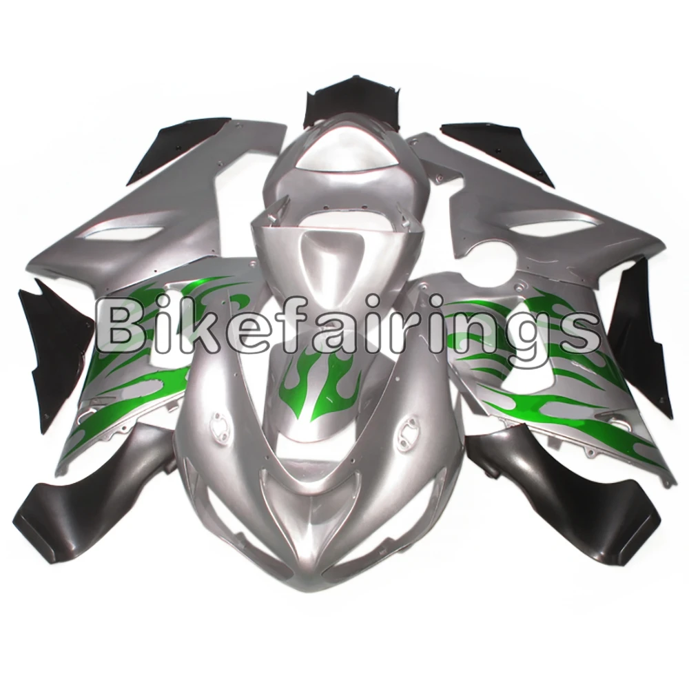 

Full Cowling Fairing Kit For Kawasaki 2005 2006 ZX-6R 05 06 636 ZX636R zx6r Silver and Green Flames Cowlings