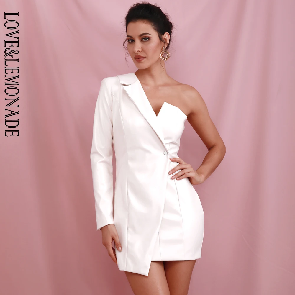 LOVE&LEMONADE Sexy White Irregular Collar Cross Long Sleeve Reflective PU Bodycon Party Mini Dress(With Zip) LM81781-2