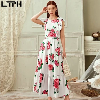 

2020 Summer Hot sale New Bohemian women two piece outfits fashion Ruffleds Floral Print splice Casual Vacation Long skirt suit
