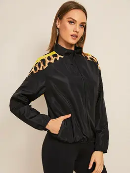 

Women Autumn Jacket With Pocket Coat Sport Leopard Stitching top Zipper Slim Fit Punk Loose Coat Jackets Tops chaqueta mujer