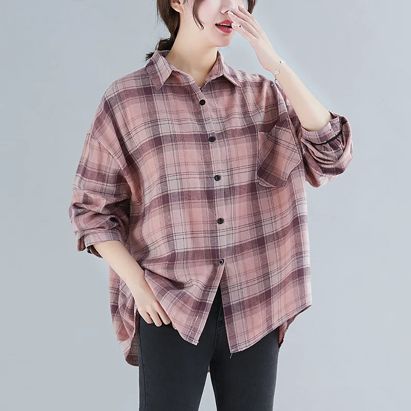 

2020 Spring by Age Single Breasted Artistic Large Size Plaid Shirt New Style Loose-Fit Simple WOMEN'S Shirt