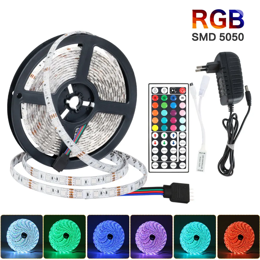 5 м Светодиодная лента светильник RGB 5050 SMD 2835 DC 12 В гибкая лента 60 светодиодный/м светодиодный светильник RGB лента диод пульт дистанционного управления с адаптером - Испускаемый цвет: RGB 5050 5M Full set