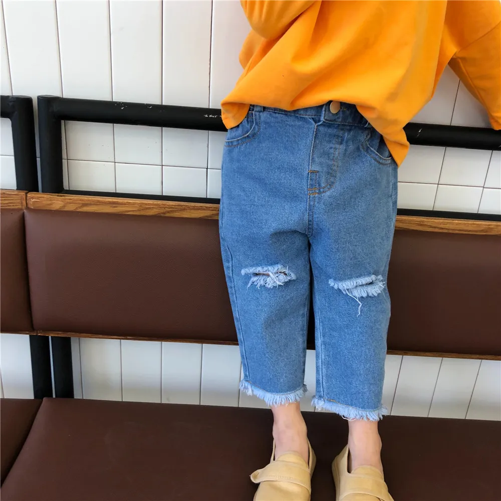 Новое поступление; модные джинсы с дырками; сезон осень повседневные джинсовые штаны для мальчиков и девочек