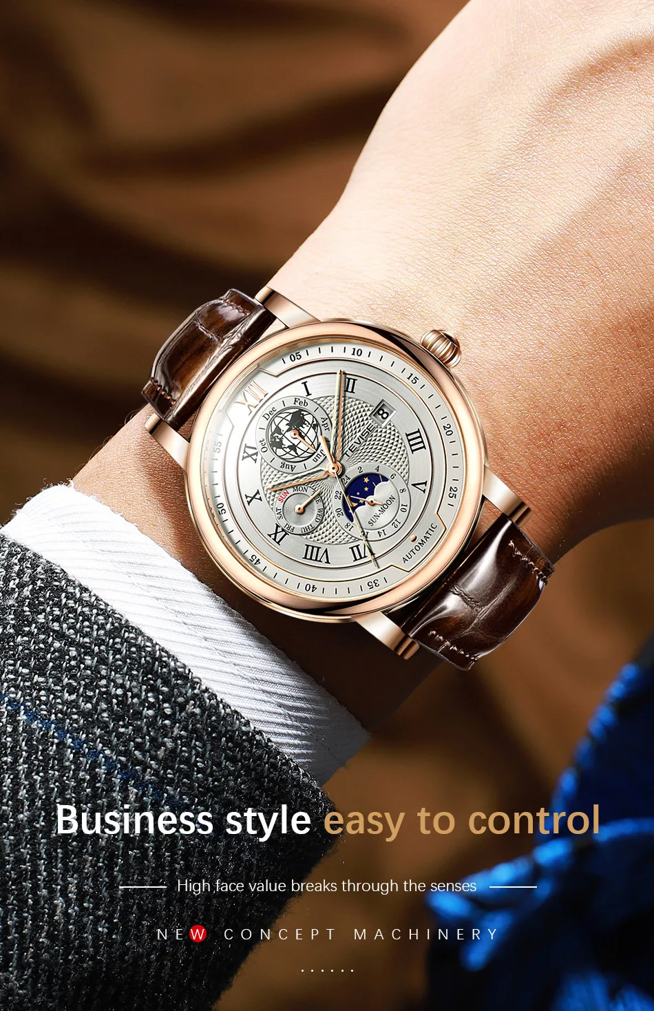 2021 New TEVISE Mens Mechanical Watches Top Brand Luxury Leather Moon Phase Automatic Watch Men Fashion Sport Waterproof Clock