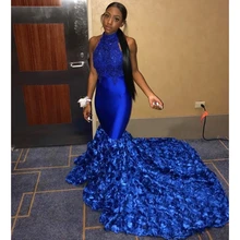 Королевское синее платье русалки для выпускного вечера, новинка, длинное вечернее платье с коротким шлейфом и высоким воротом, вечерние платья на заказ, 3D Цветочный Принт CP372