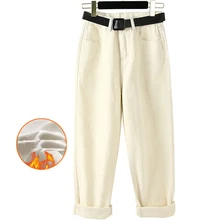 SHIJIA, высокая талия, пояс, карманы, одноцветные, женские, свободные, джинсовые штаны,, зимние, теплые, утолщенные, бархатные, женские, прямые, джинсы, брюки